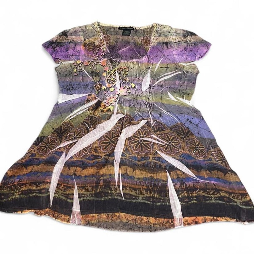 Simply Irresistible sheer blouse with purple, brown, and beige print